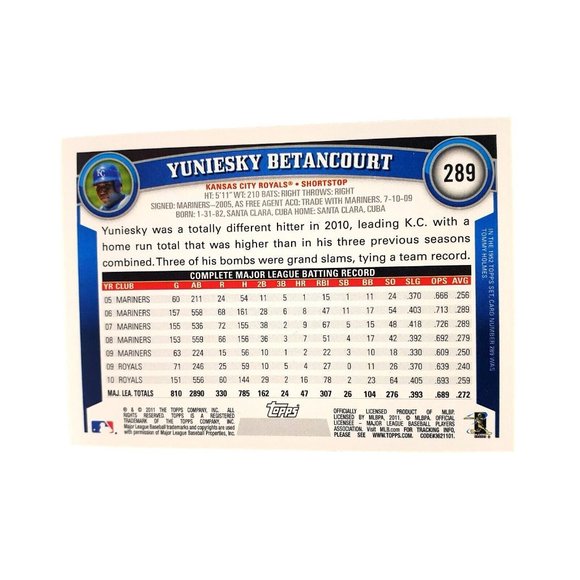 Yuniesky Betancourt KC Royals 289 2011 Topps Platinum Diamond Anniversary Card - Picture 2 of 2